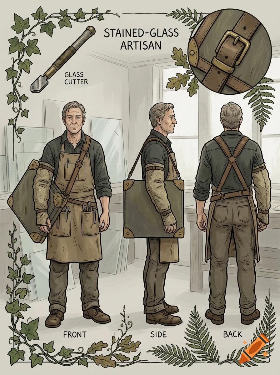 Character turnaround sheet of a stained-glass artisan shown from front, side, and back views with tools and detail callouts.