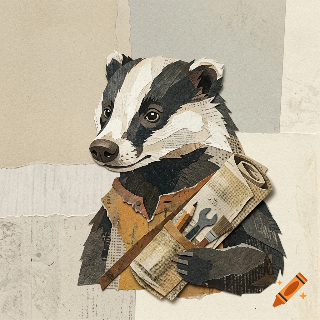 A collage-style artwork of a badger wearing a vest and holding a rolled-up blueprint, pencil, wrench, and paintbrush.