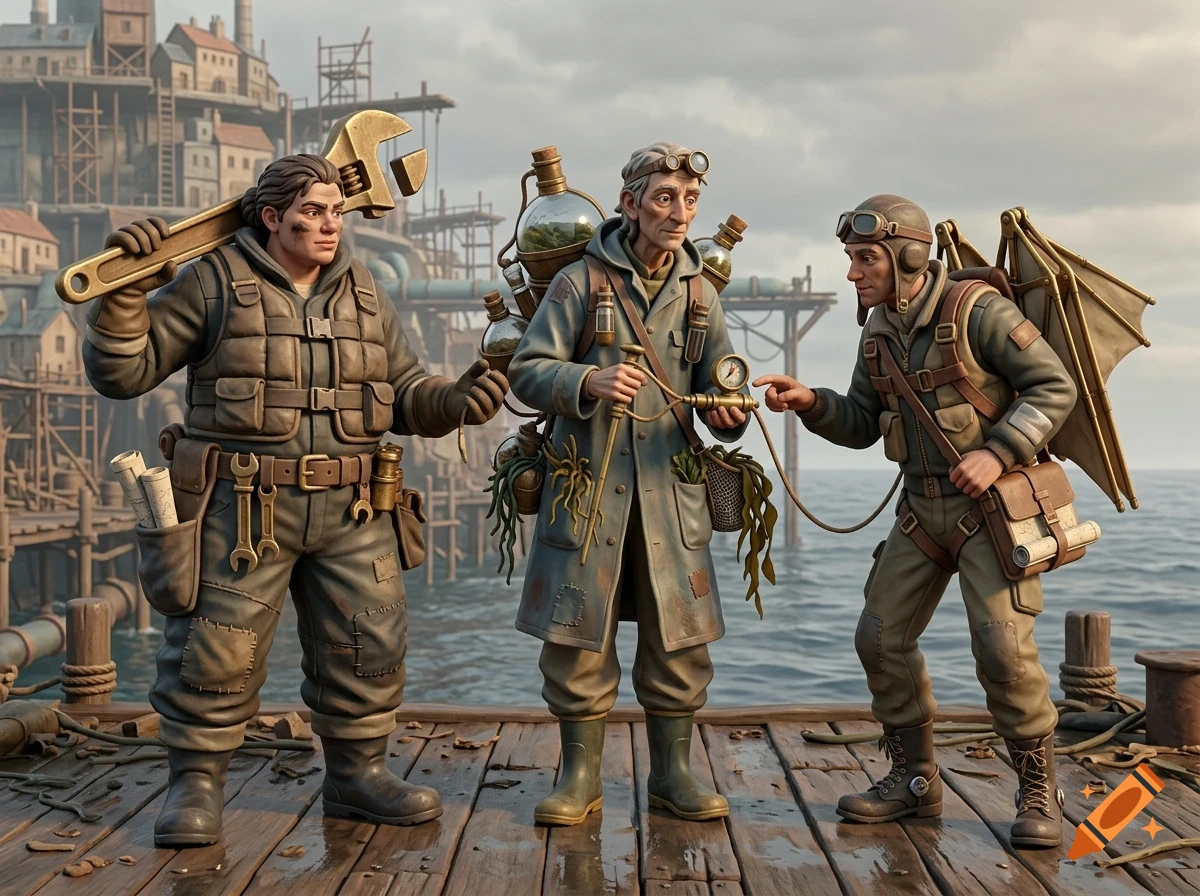 Three steampunk-style workers standing on a wooden pier by the sea, with industrial structures in the background.