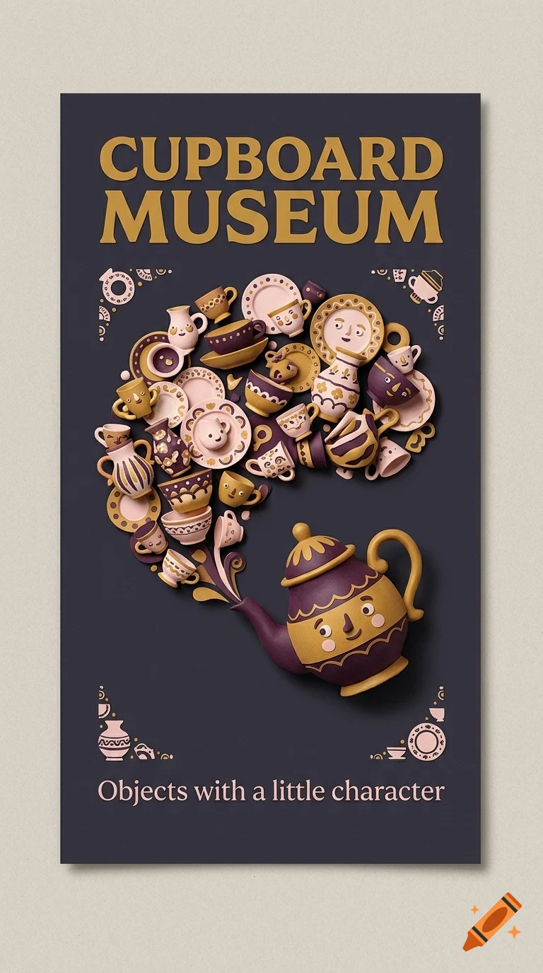 A poster with the text 'CUPBOARD MUSEUM' at the top and 'Objects with a little character' at the bottom, featuring a purple teapot pouring out a swirling cloud of various cups, plates, and ceramic vessels, many with cute faces.