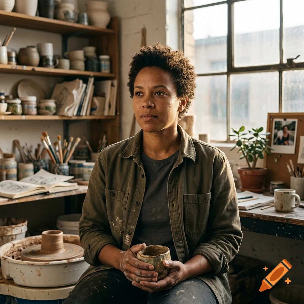 A woman holding a small clay pot in an art studio with pottery wheels and shelves of ceramics in the background.