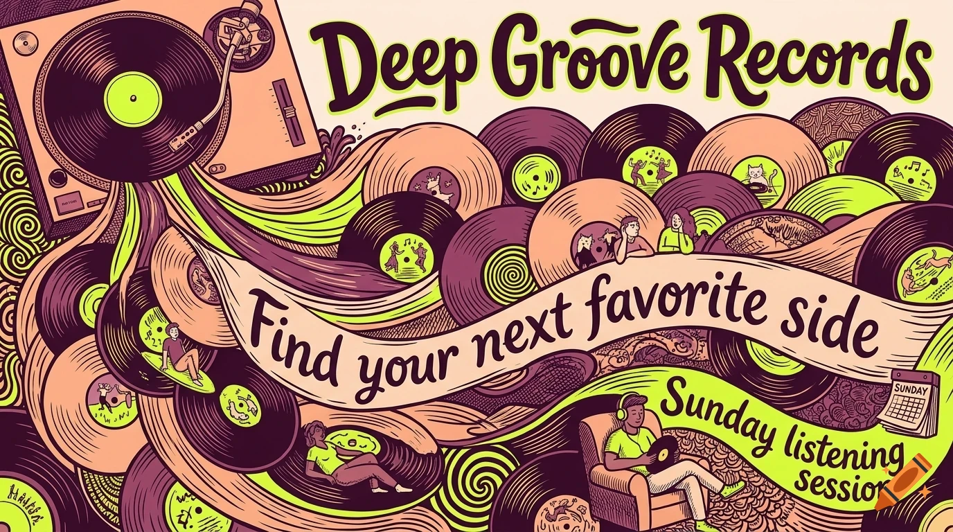 An illustrated poster for Deep Groove Records featuring a turntable, numerous vinyl records, and swirls of color with lettering.