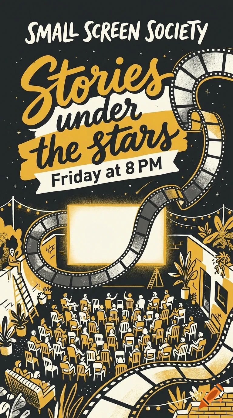 A poster illustration for Small Screen Society depicting an outdoor movie screening under the stars with an audience seated in chairs and a film strip curving around the scene.
