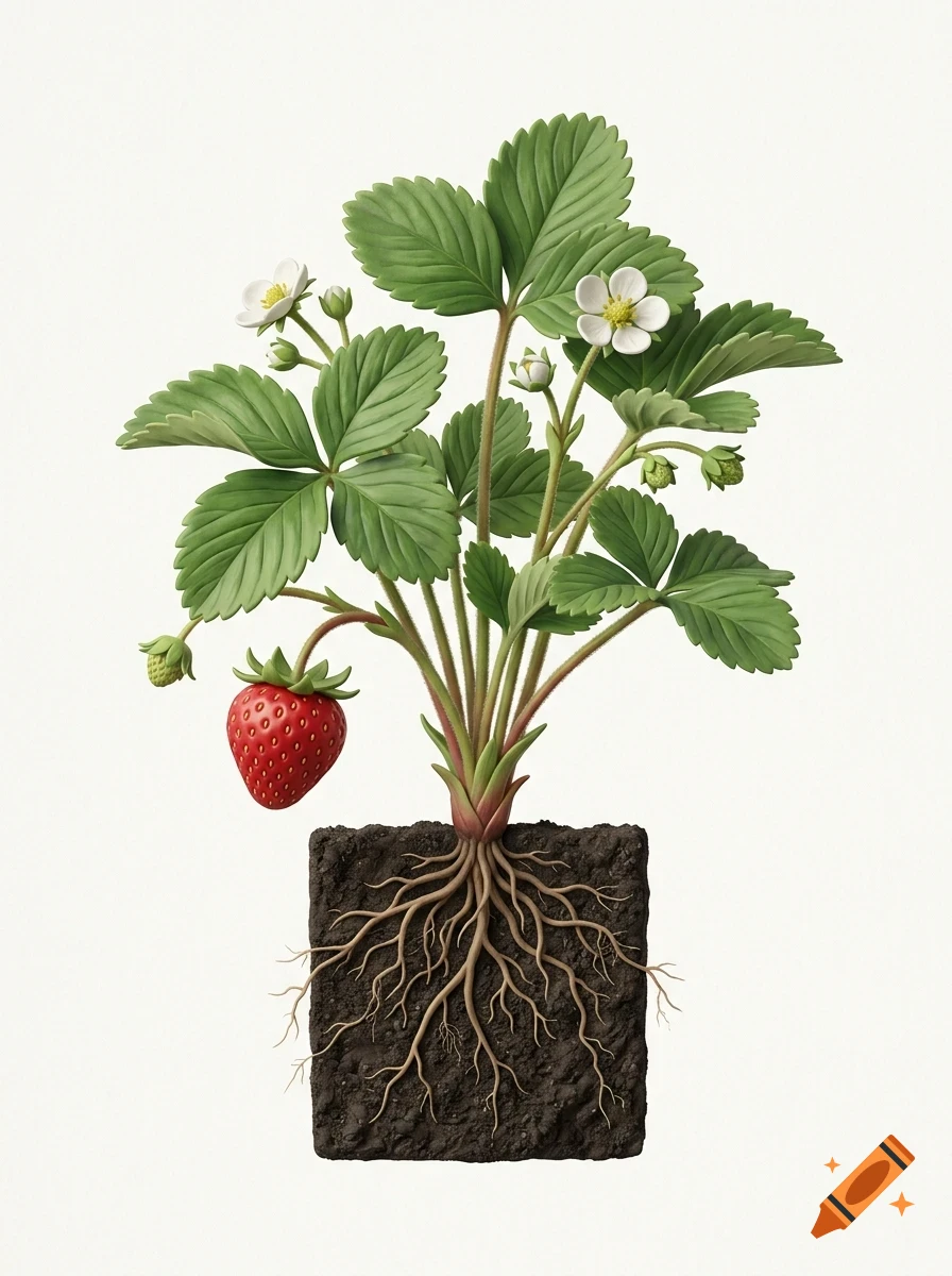 A strawberry plant with green leaves, white flowers, and a red strawberry, showing roots in a square block of soil.