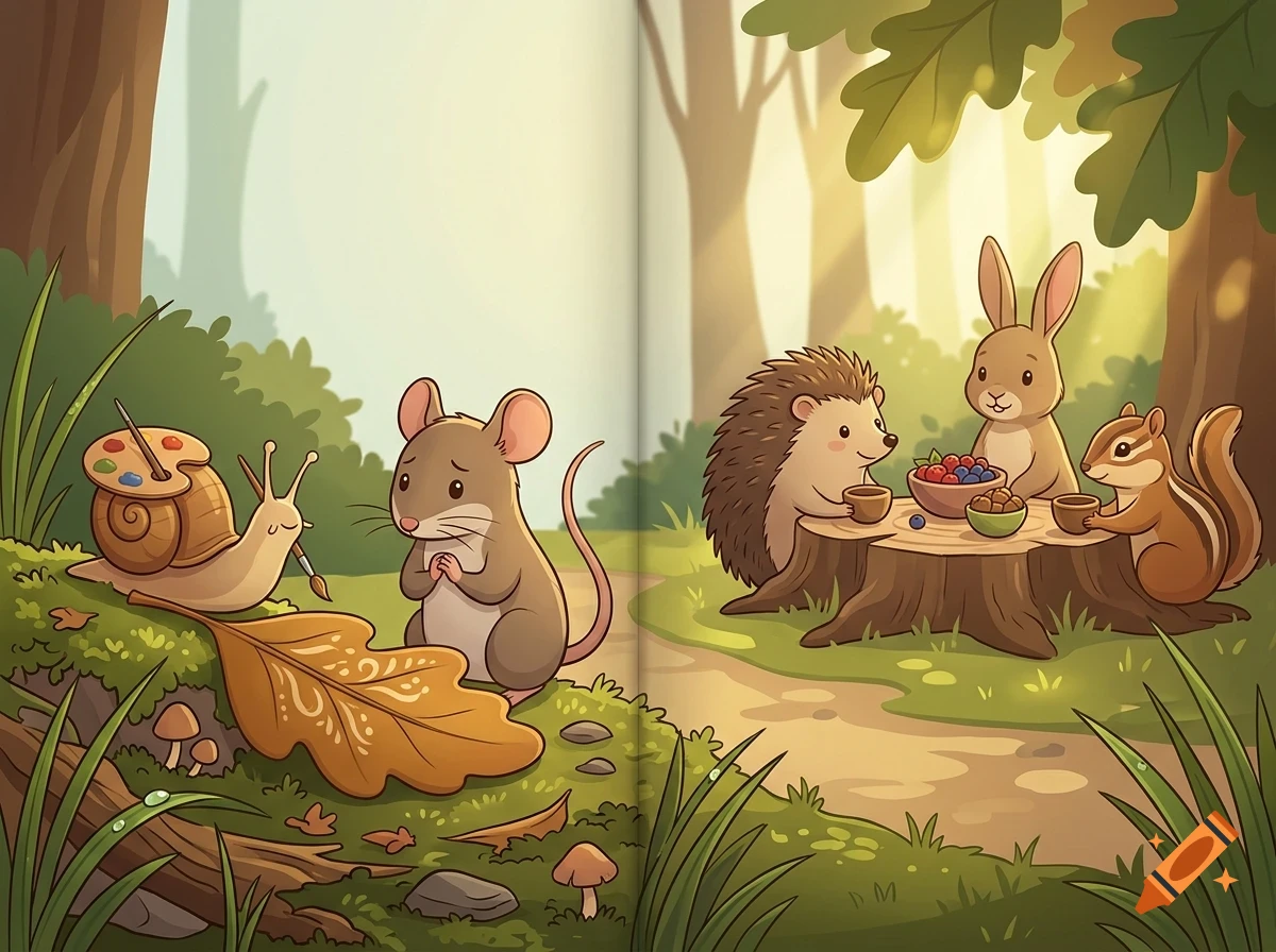 A snail painting a leaf while a mouse, hedgehog, rabbit, and squirrel gather in a sunny forest.