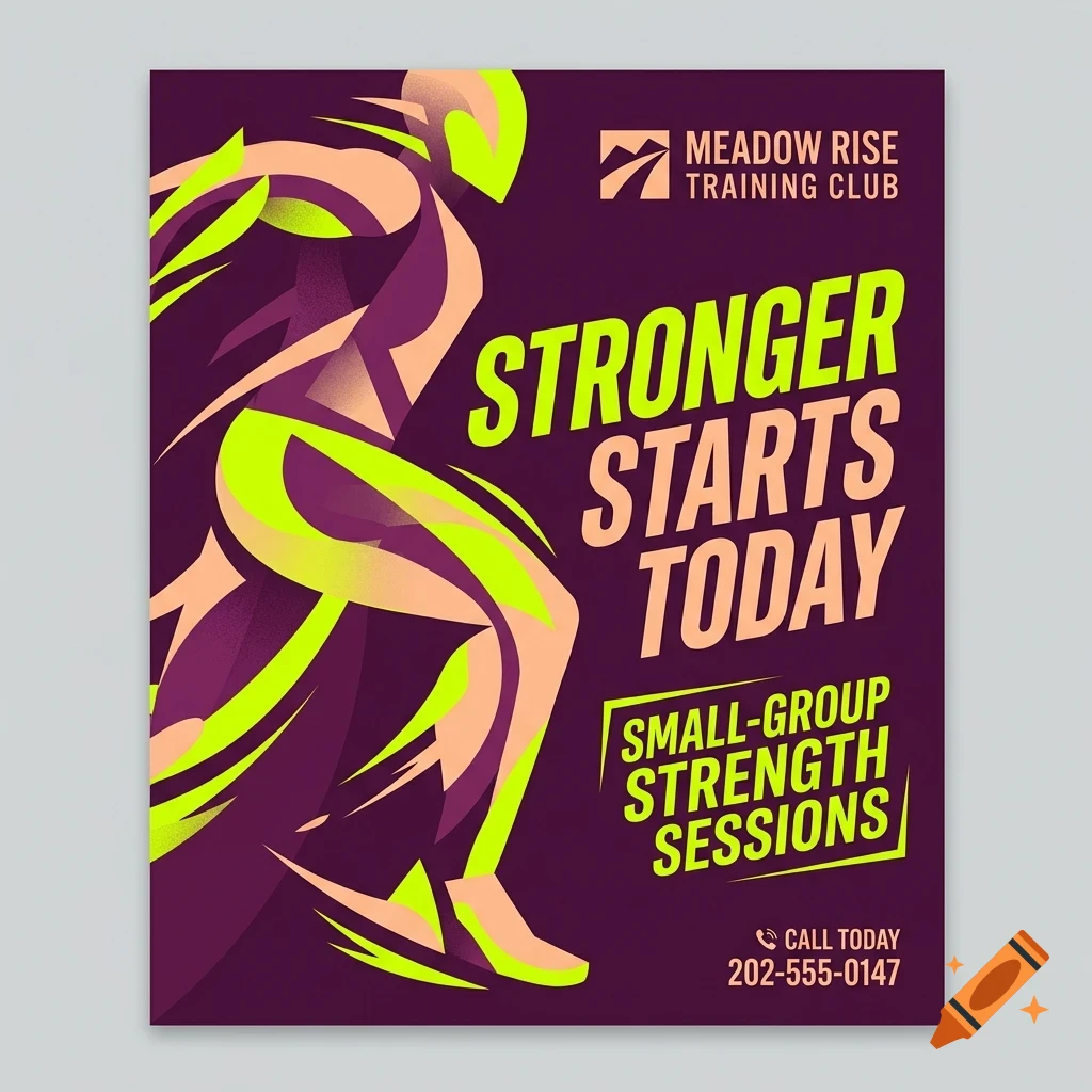 A poster for Meadow Rise Training Club with a stylized runner graphic and text reading Stronger starts today.