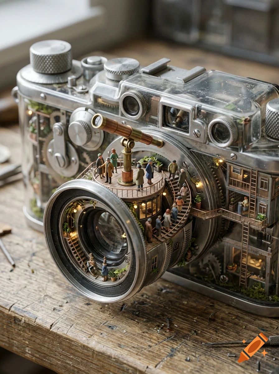A detailed miniature world inside a vintage camera, featuring tiny people walking on stairs around the lens and observing through a telescope.