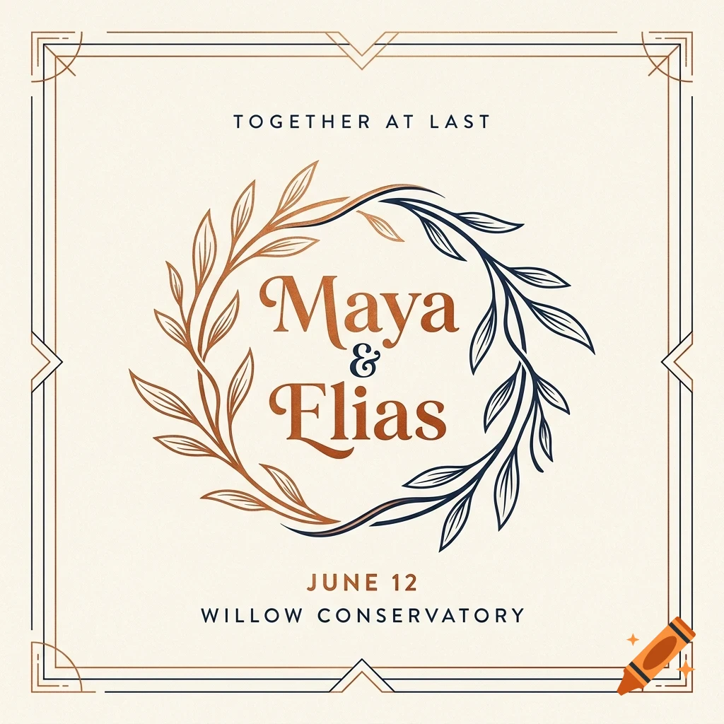 An elegant wedding invitation featuring a decorative leafy wreath framing the names Maya & Elias, surrounded by geometric border lines.