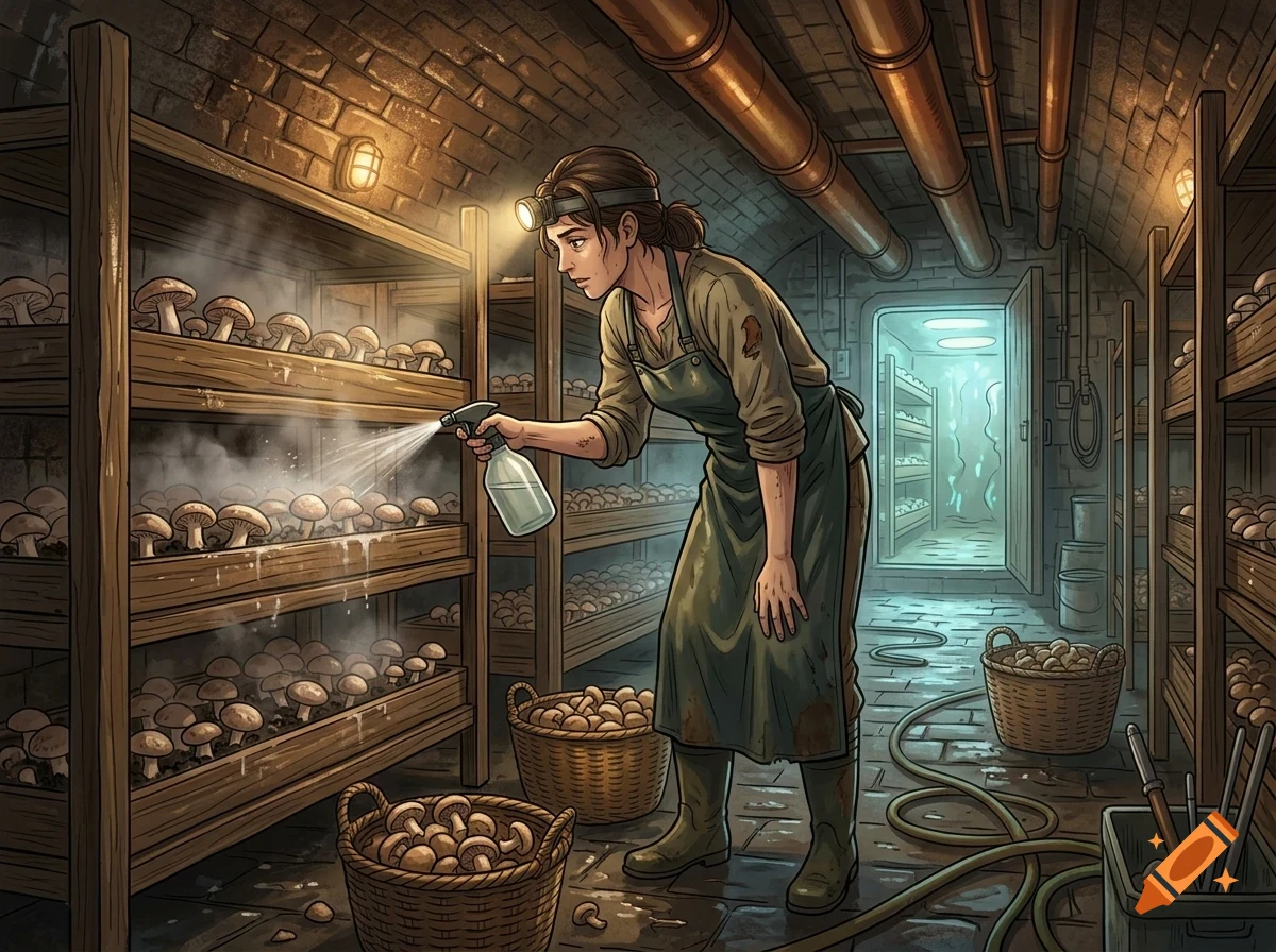 A person in an apron and headlamp sprays water on shelves of growing mushrooms in a brick cellar.