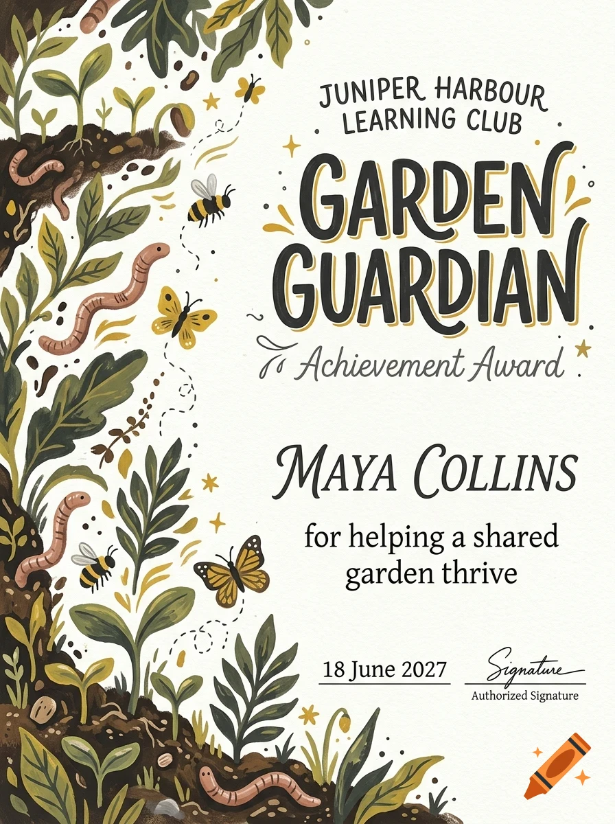 An illustration of a Garden Guardian Achievement Award certificate with soil cross-sections, worms, insects, and plants.