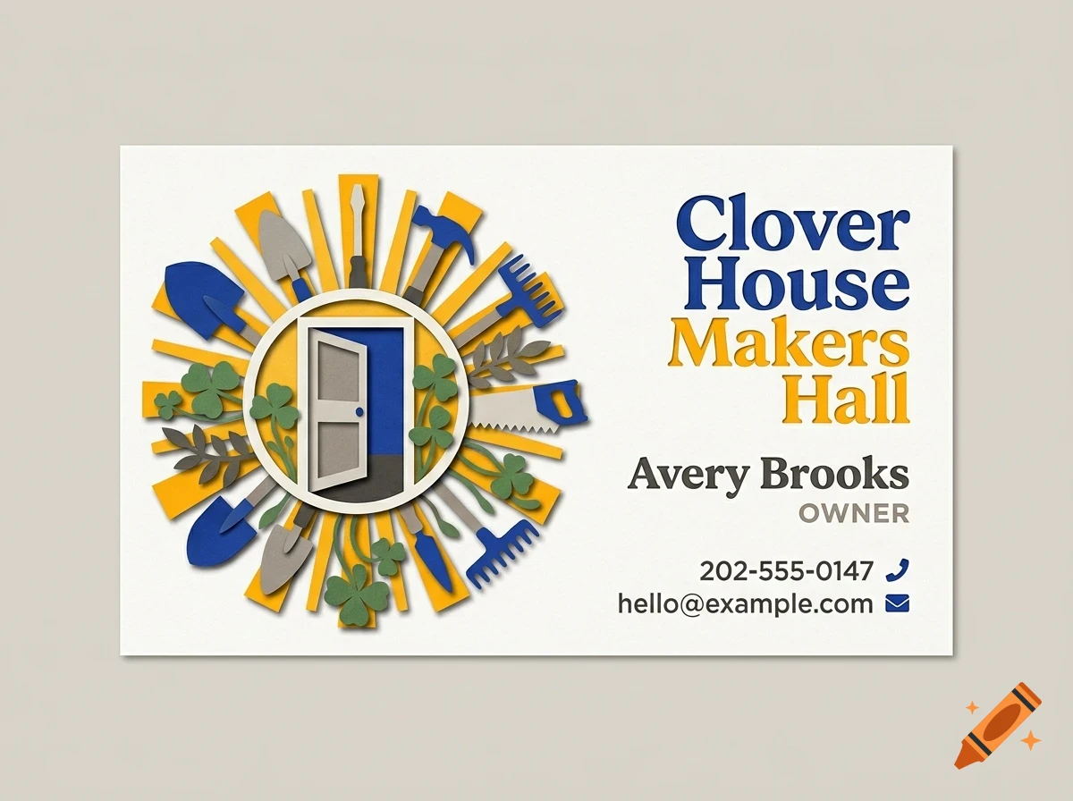 A business card design for Clover House Makers Hall with a papercut logo featuring tools, an open door, and clover leaves.