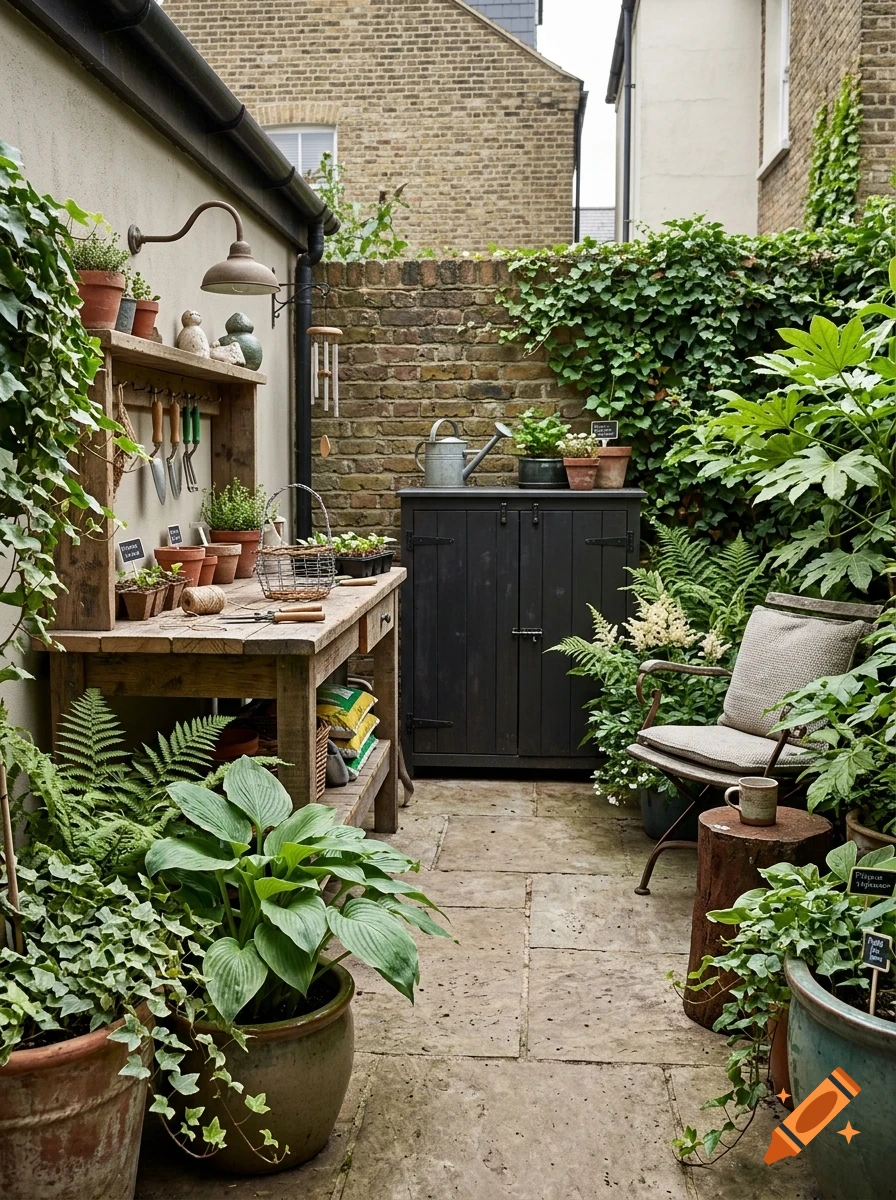 A lush green backyard garden with a wooden potting bench, a black storage cabinet, potted plants, and stone paving.