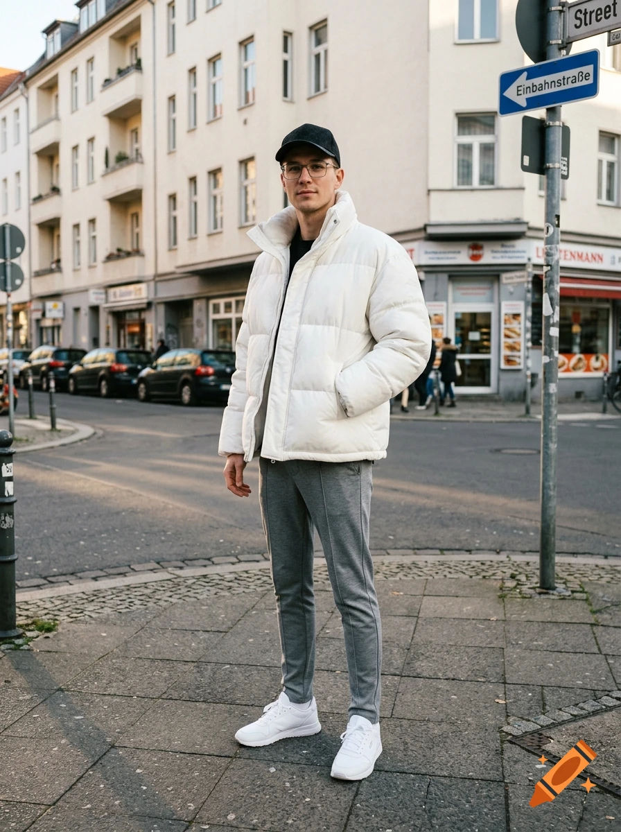 Photorealistic full-body shot of a young man wearing a white puffer jacket, grey track pants, cap, and glasses on an urban street.
