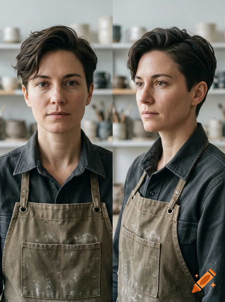 Two portraits of a person with short dark hair wearing a dark shirt and an apron, shown from the front and profile.