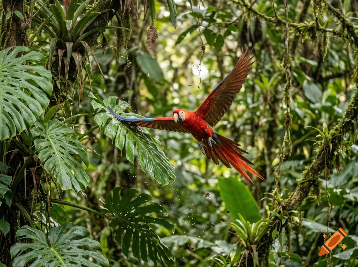 A scarlet macaw in mid-flight amidst a lush green rainforest.