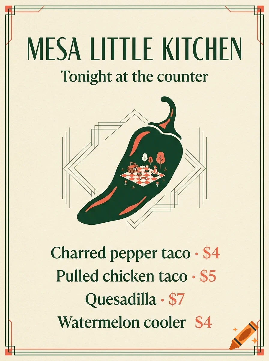 An illustration of a green pepper enclosing a picnic scene, with menu text for Mesa Little Kitchen above and below.
