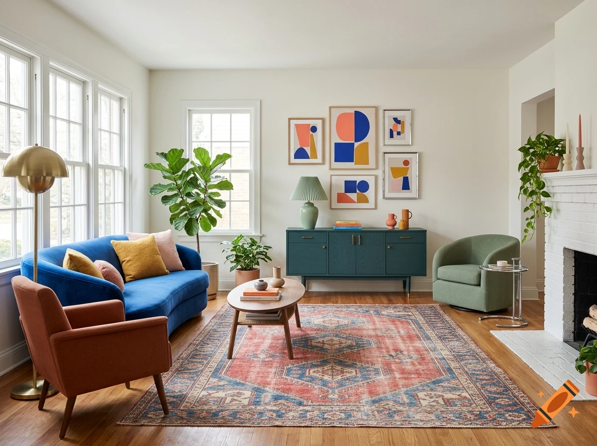 Modern living room interior with a blue sofa, orange armchair, patterned rug, and abstract art on the wall.