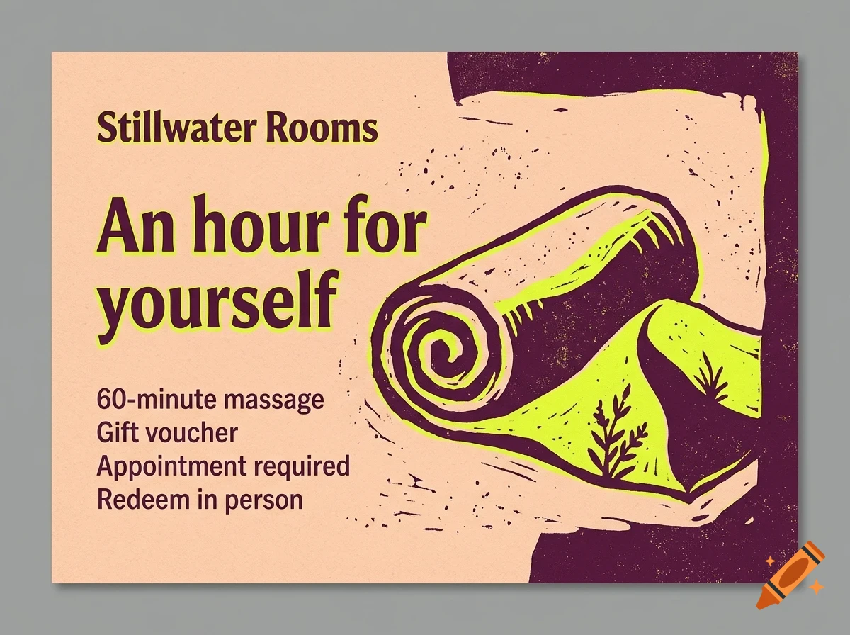 A gift voucher for Stillwater Rooms featuring text An hour for yourself and an illustration of a rolled towel.