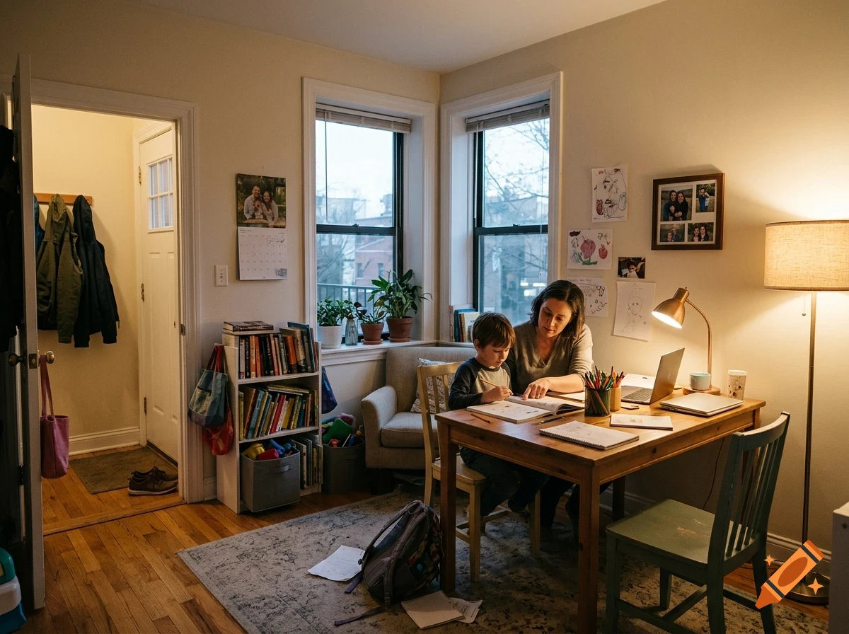 An adult and a child sitting together at a wooden desk in a living room, working or studying together.