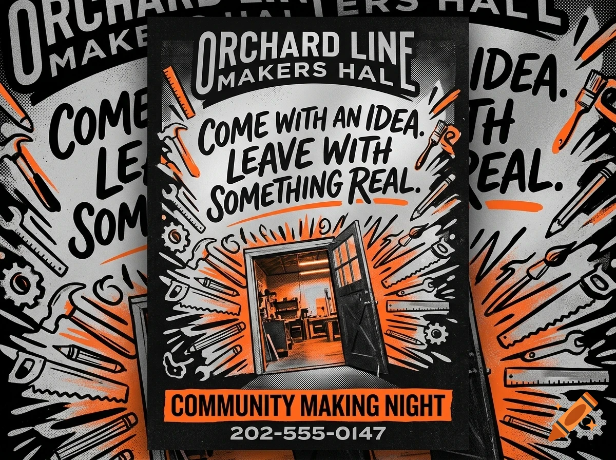 A poster with bold typography reading Orchard Line Makers Hall, tools, and an open door showing a workshop interior.
