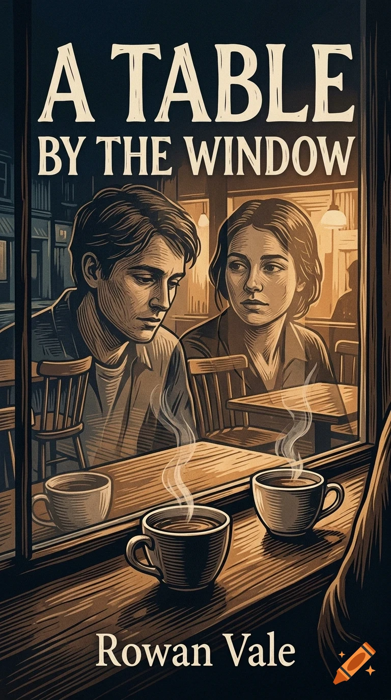 An illustrated book cover showing a man and a woman sitting at a table inside a cafe, viewed through a window with two steaming cups of coffee in the foreground.