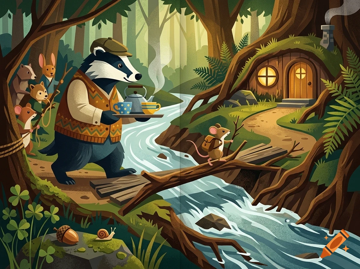 An anthropomorphic badger carrying a tea set near a stream, with forest animals and a cozy treehouse.