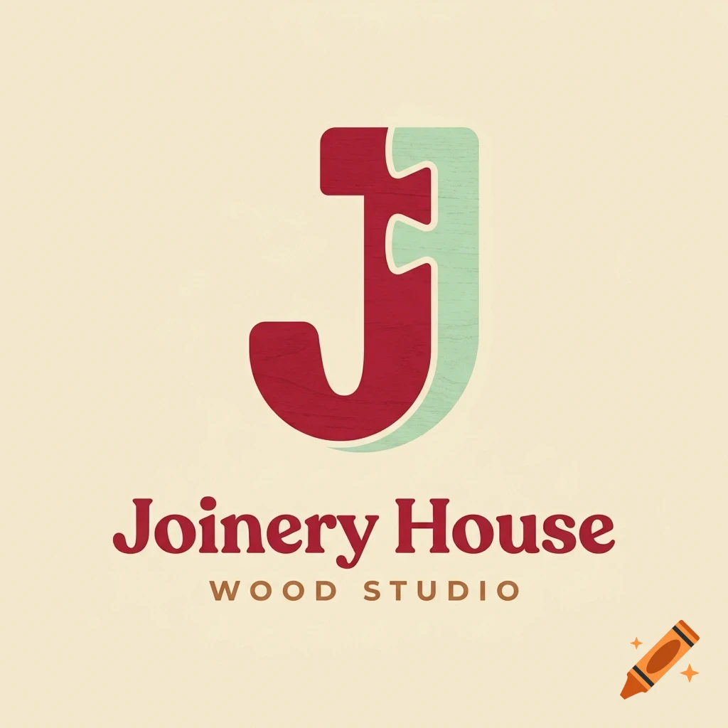 A logo for Joinery House Wood Studio featuring an interlocking wooden letter J graphic above red and brown text.
