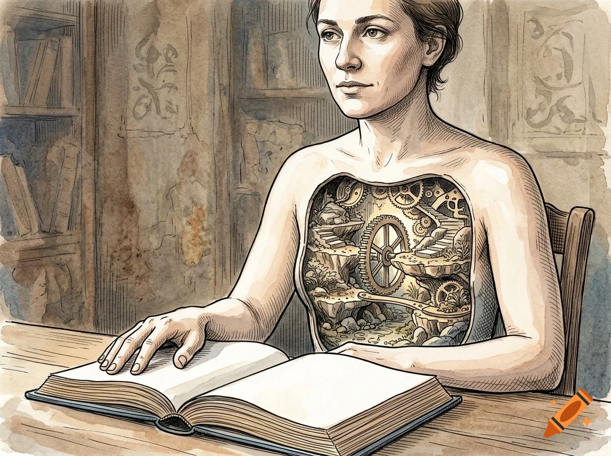 An ink and watercolor illustration of a person sitting at a desk with an open book, their chest open to reveal a mechanical landscape of gears, stairs, and stone paths inside.
