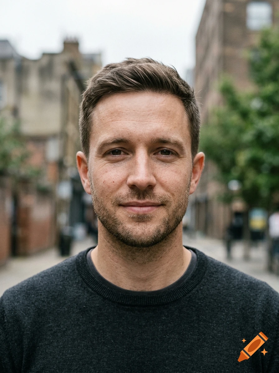 Photorealistic close-up portrait of a man with short brown hair and stubble, wearing a dark sweater against an urban street background.