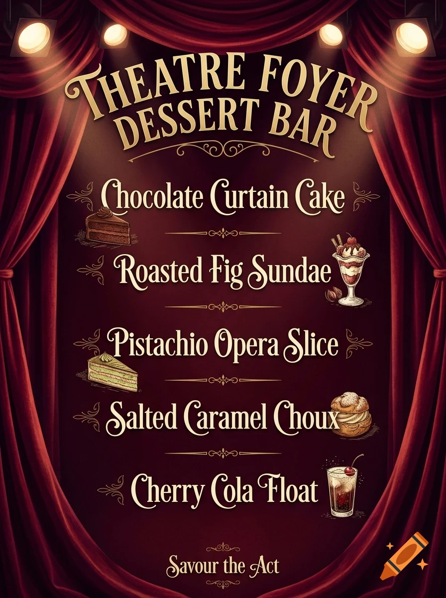 Theatre foyer dessert bar menu poster featuring dessert names and illustrations flanked by red stage curtains and spotlights.