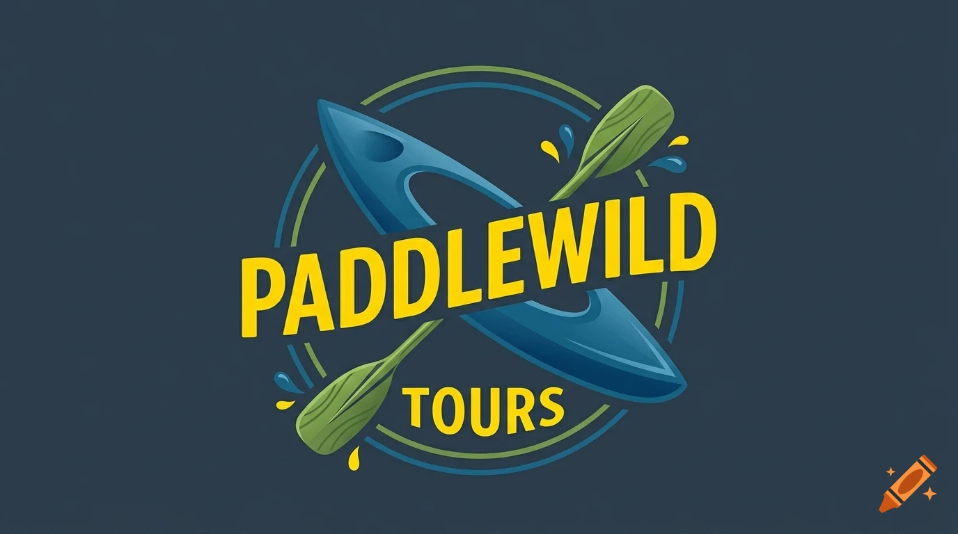 A logo for Paddlewild Tours featuring a blue kayak and green paddle set against concentric circles, with yellow lettering.