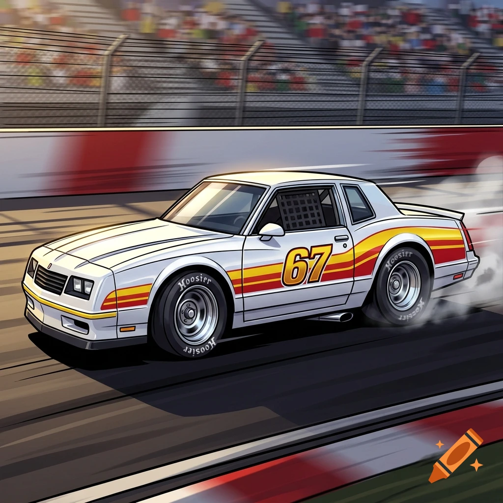 Cartoon illustration of a white 1980s Monte Carlo race car with red and yellow stripes and the number 67 doing a burnout on a track.