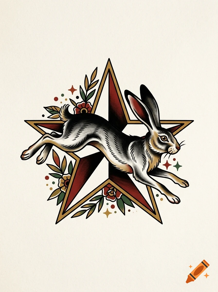 An illustrative traditional tattoo-style design of a leaping hare over a red star decorated with flowers and leaves.