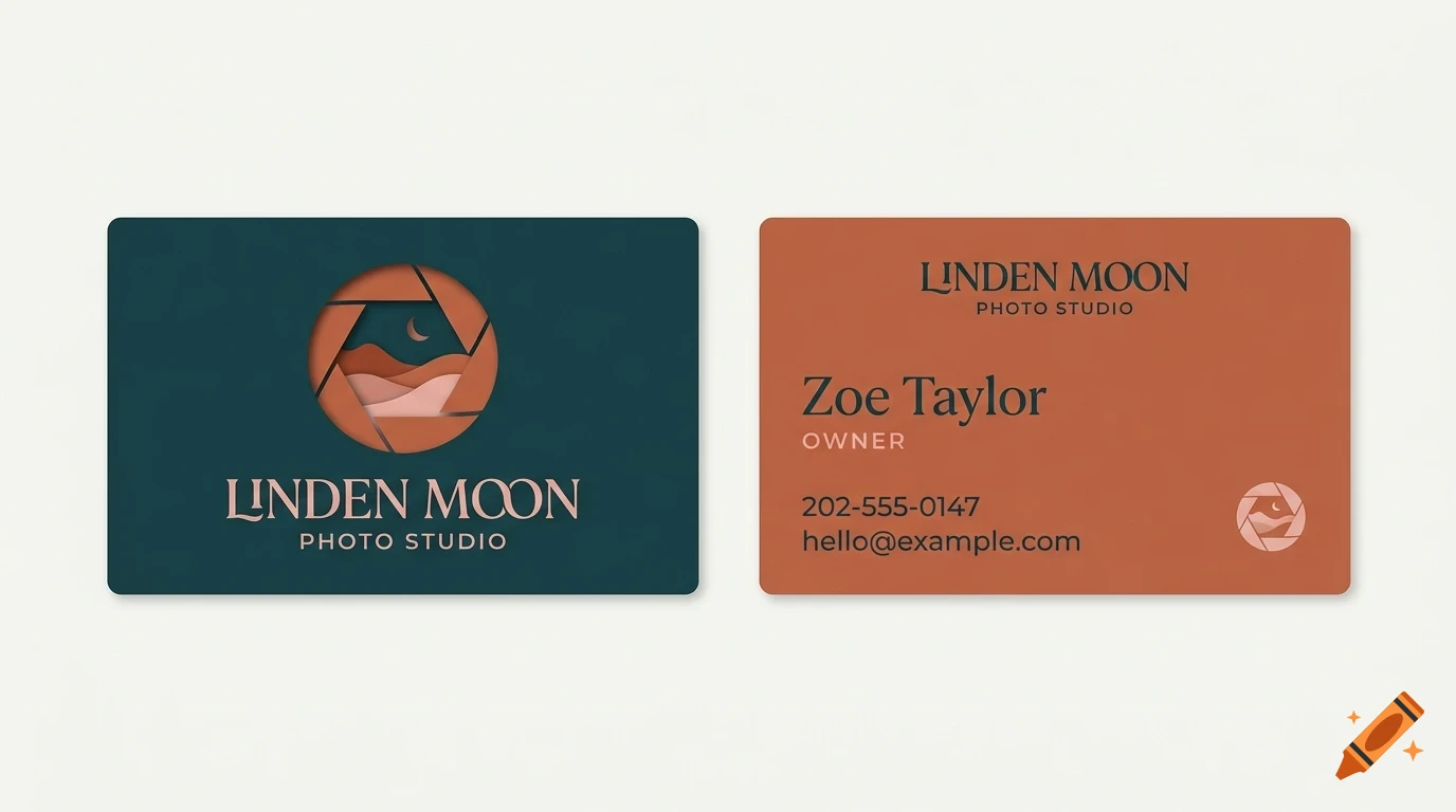 Front and back of a business card for Linden Moon Photo Studio with a camera aperture logo and landscape design.
