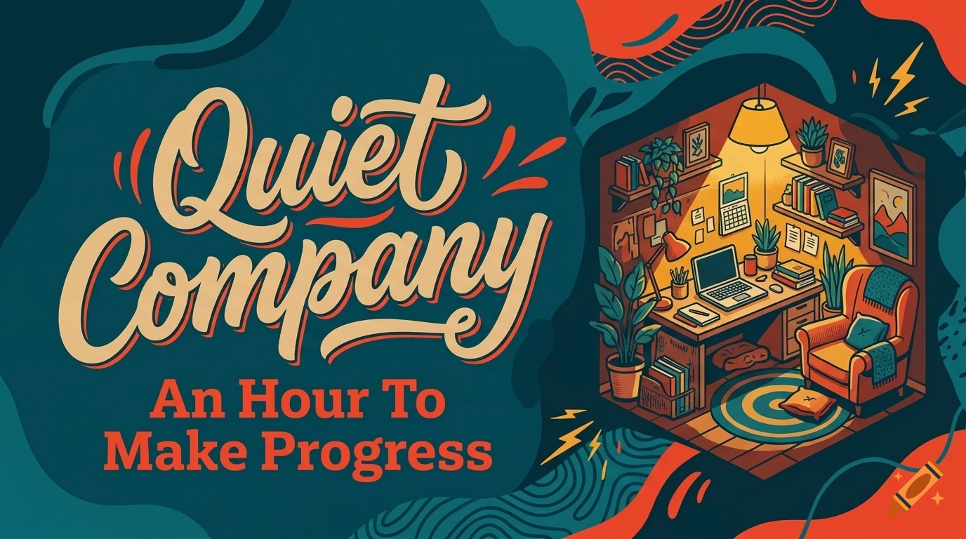 An illustration with the text Quiet Company and An Hour To Make Progress next to a cutaway view of a cozy home office.