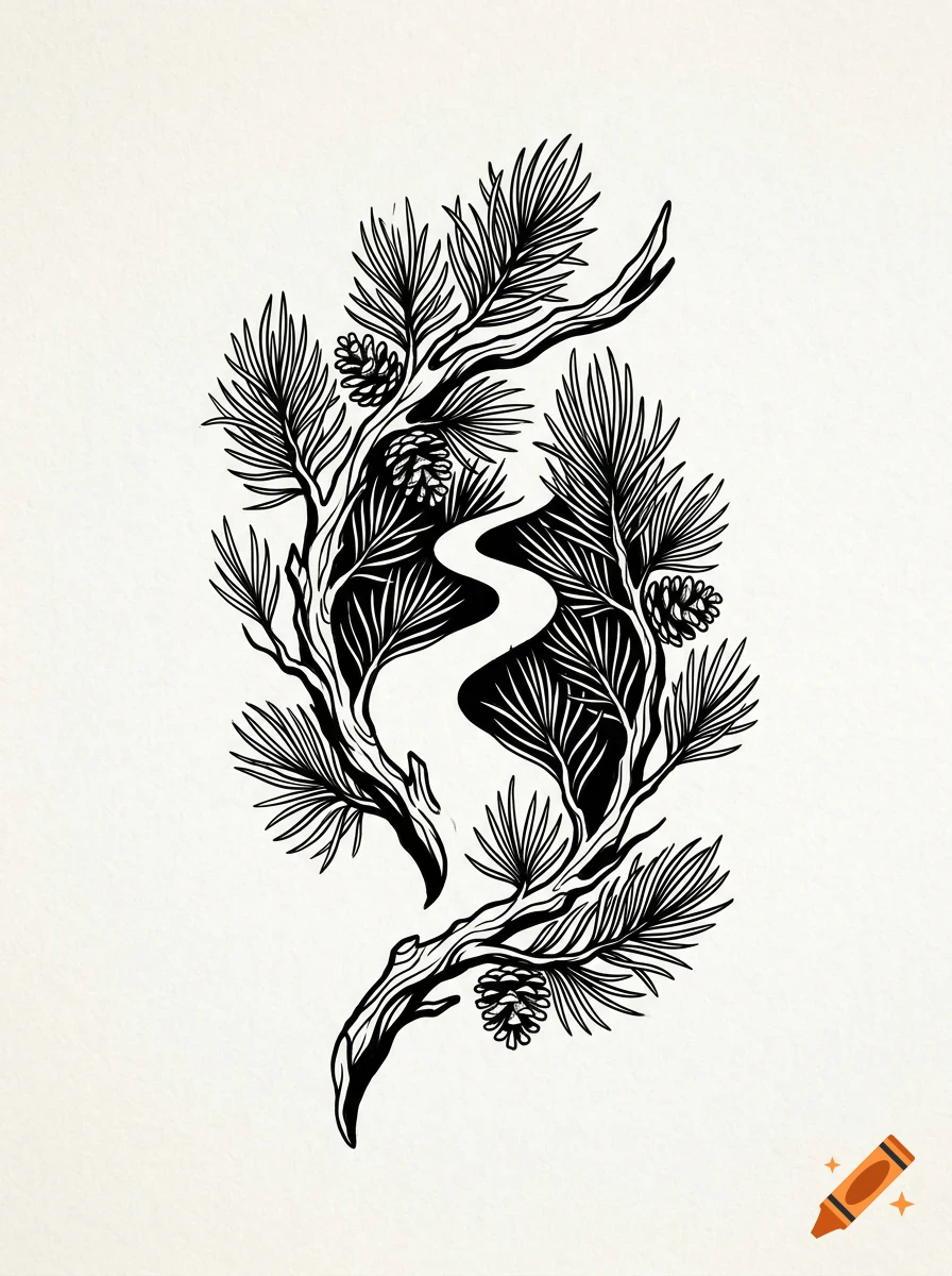 Black and white ink illustration of pine tree branches with needles and cones framing a winding path.
