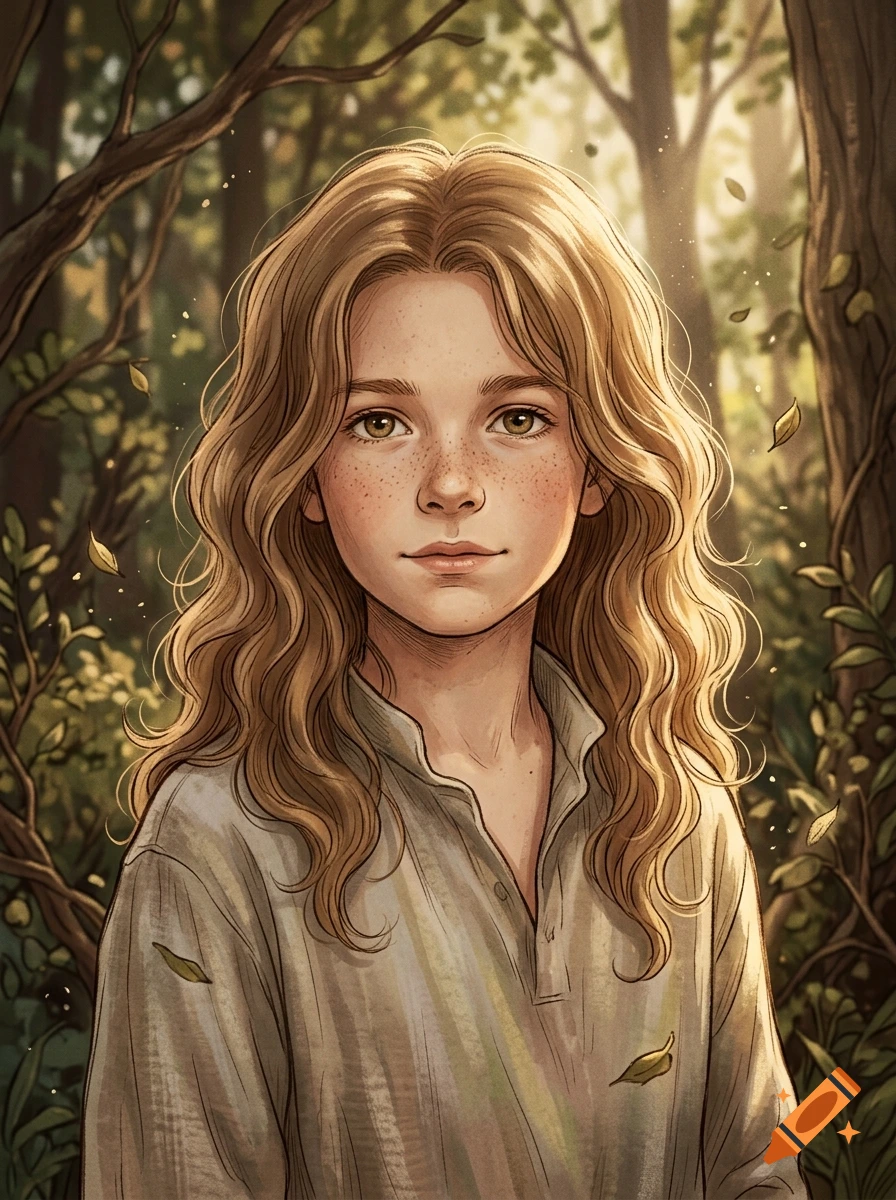 Digital illustration portrait of a young person with long wavy blonde hair and freckles, wearing a collared shirt in a forest setting.