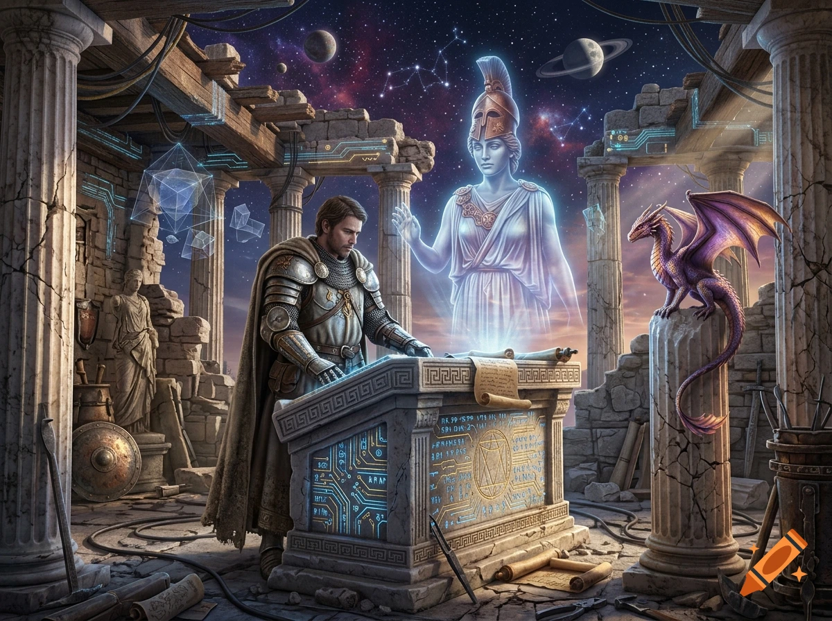 A medieval knight in ancient ruins interacting with a holographic console under a starry night sky with planets and a glowing goddess.