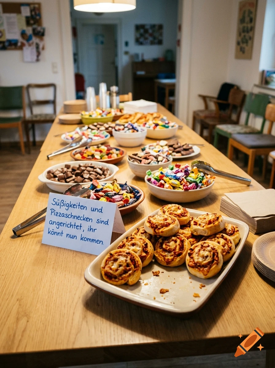 A long wooden table set with bowls of candy and a tray of pizza rolls, with a sign in German reading 'Süßigkeiten und Pizzaschnecken sind angerichtet'.