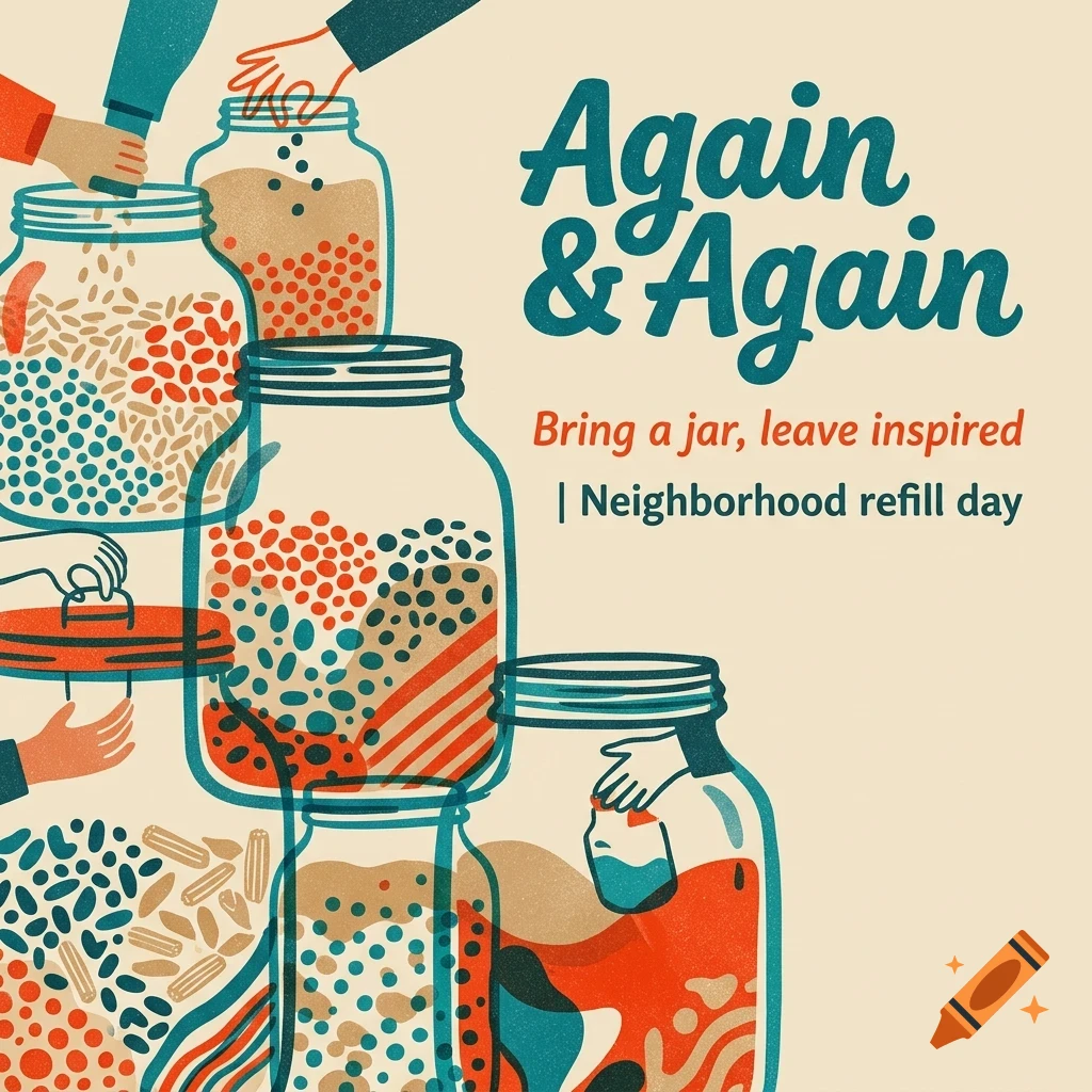 A poster illustration featuring stacked glass jars filled with grains and beans, hands refilling them, and text that reads Again & Again. Bring a jar, leave inspired | Neighborhood refill day.