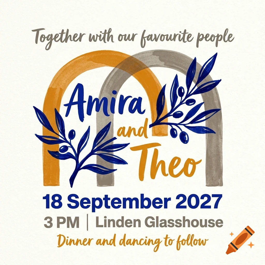 An invitation card featuring watercolor arches and olive branch illustrations with the text Amira and Theo for 18 September 2027.