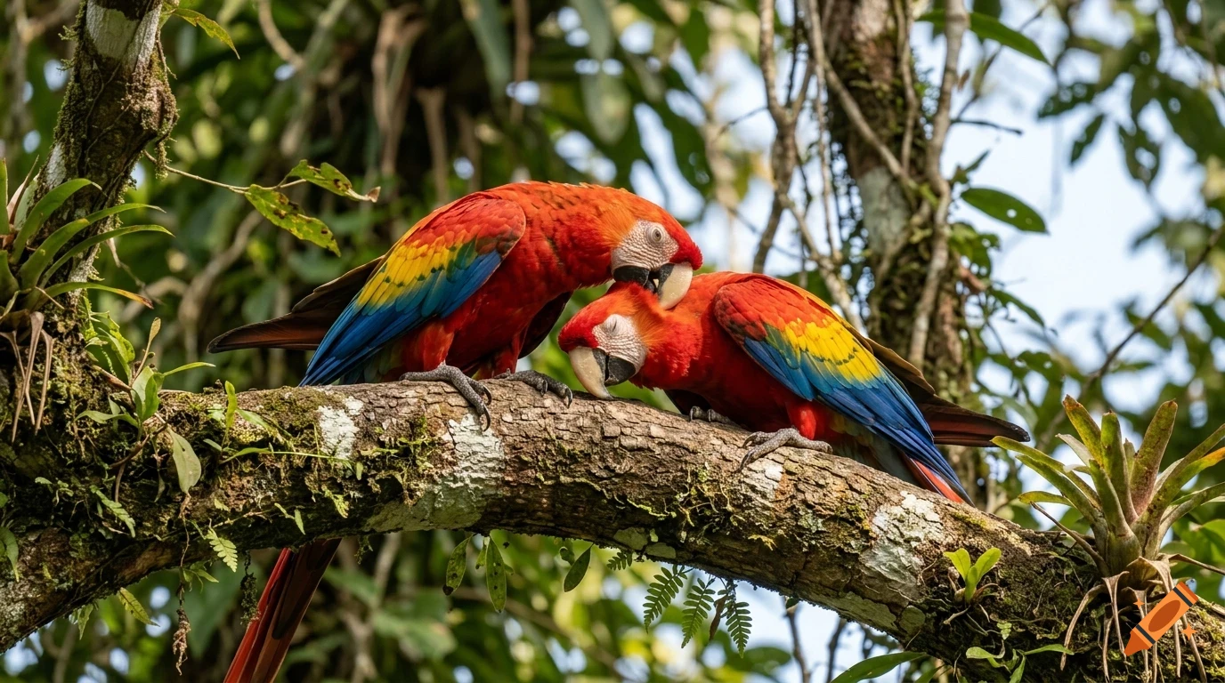 Two colorful macaws perched together on a mossy tree branch in a forest.