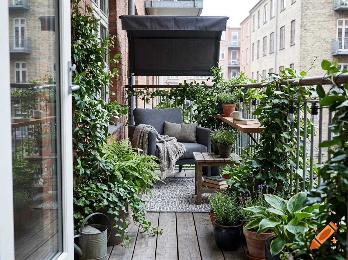 A cozy apartment balcony filled with green potted plants, climbing vines, a grey armchair with a blanket, and a small wooden table.