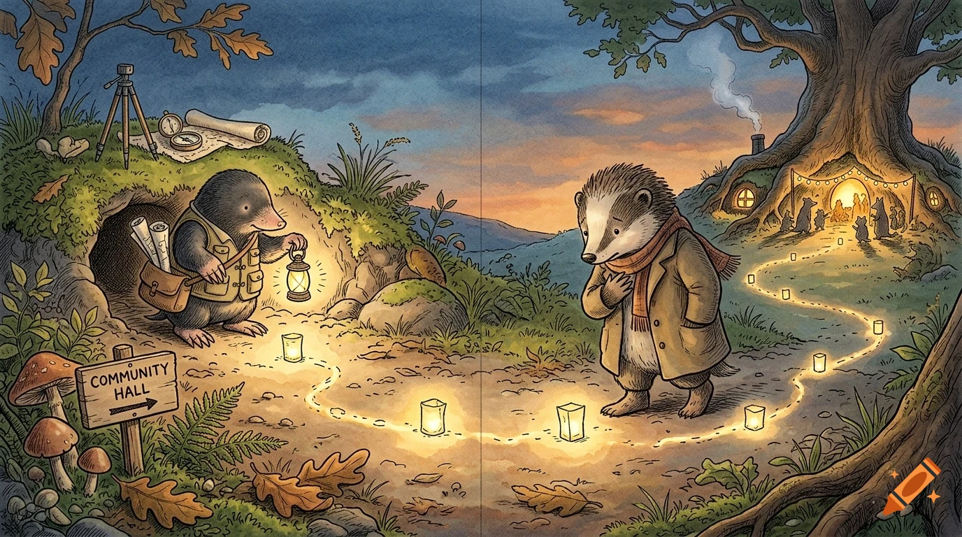 An illustrated woodland scene at dusk featuring anthropomorphic animals, with a mole holding a lantern near its burrow and a badger walking along a glowing path toward an illuminated tree home.
