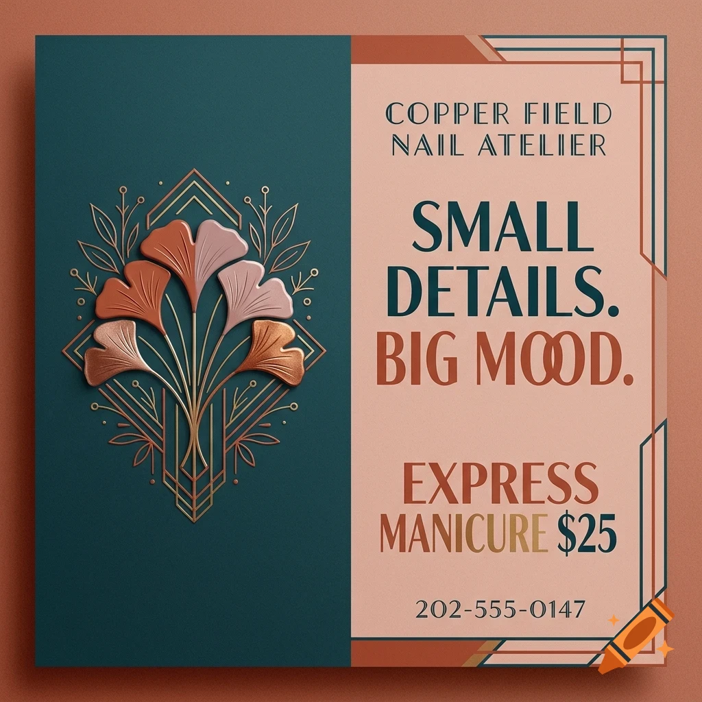 An advertisement for a nail atelier with art deco floral designs, featuring the text COPPER FIELD NAIL ATELIER, SMALL DETAILS. BIG MOOD., and EXPRESS MANICURE $25.