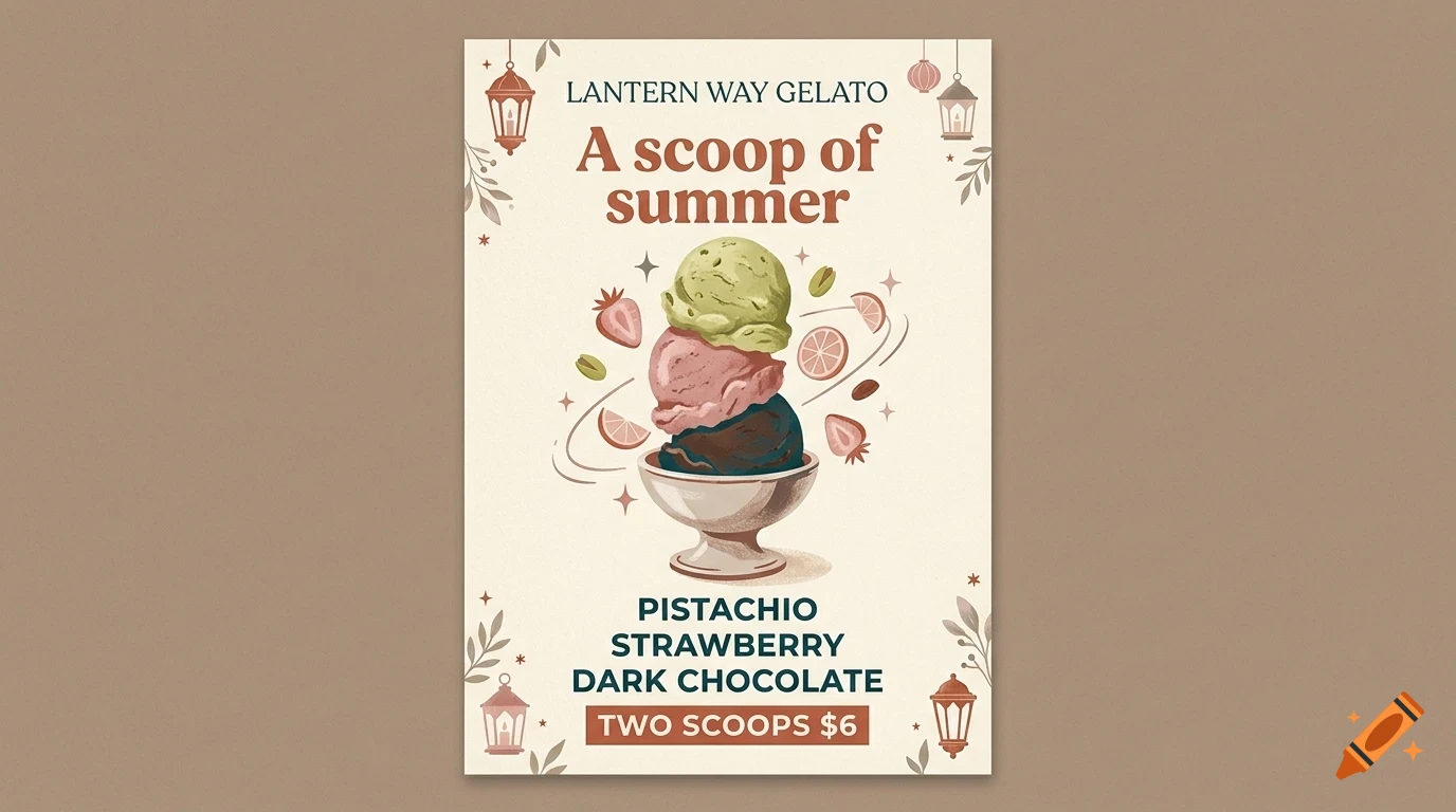 A poster for Lantern Way Gelato depicting three scoops of ice cream in a bowl surrounded by fruit illustrations, lanterns, and text reading A scoop of summer.