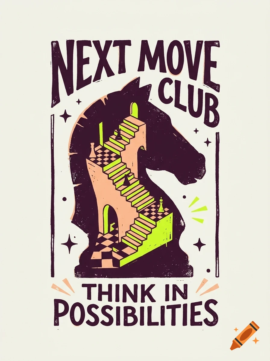 An illustrated poster featuring a silhouette of a chess knight head filled with an impossible staircase and chess pieces, with text reading NEXT MOVE CLUB and THINK IN POSSIBILITIES.