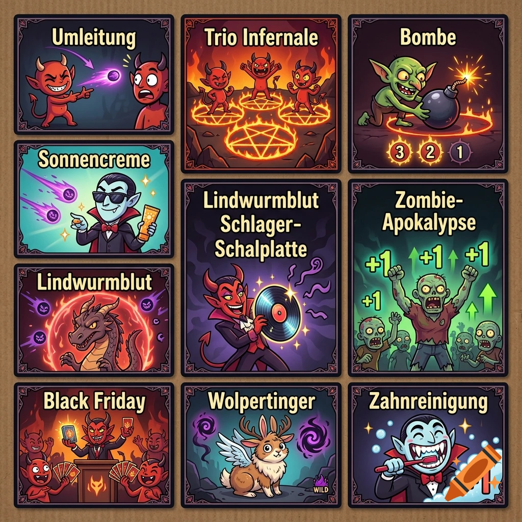 Grid of nine cartoon illustrations for a board game featuring demons, vampires, and monsters with German titles.