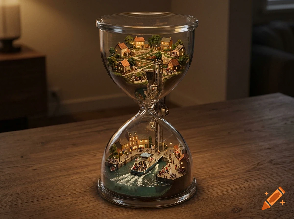 An hourglass filled with two miniature worlds: a hilltop village in the top bulb and a port town with a boat in the bottom bulb, sitting on a wooden table.