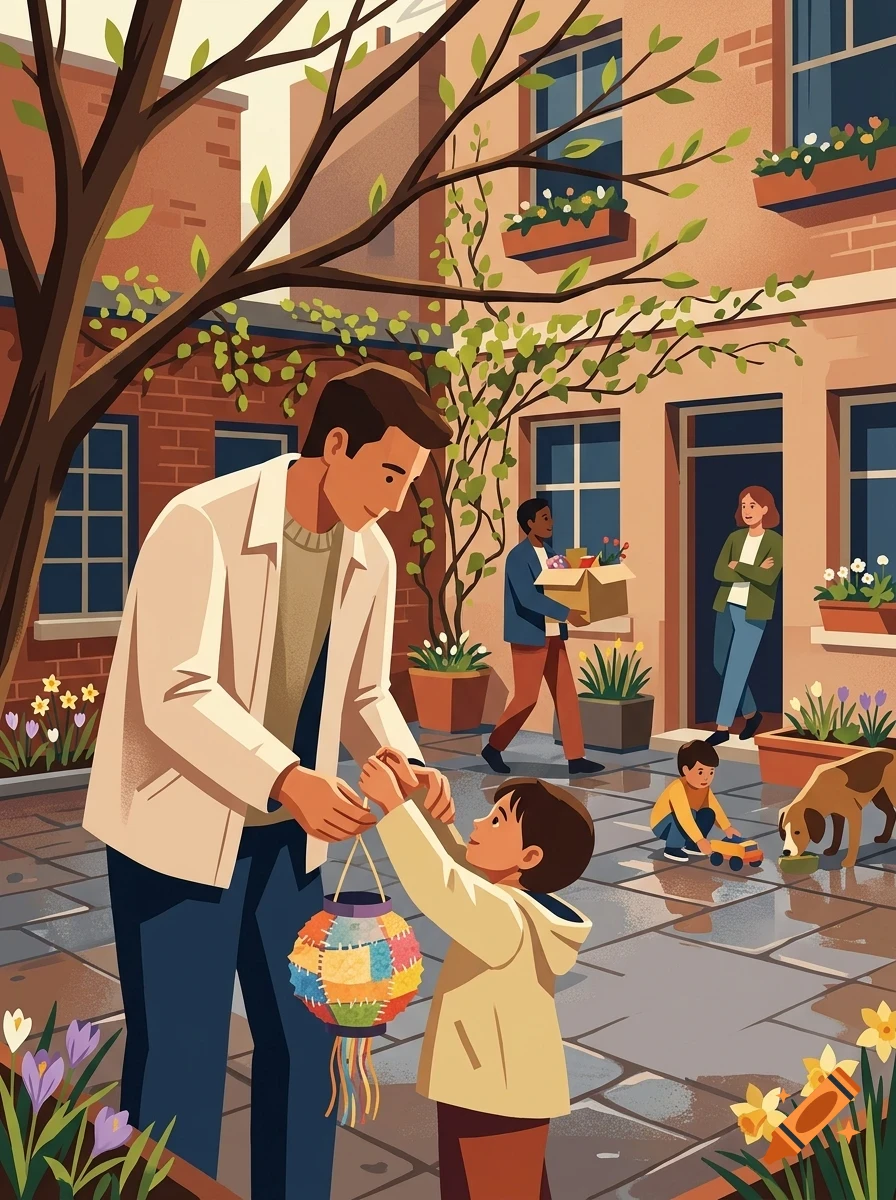 An illustration of a man and a child holding a colorful lantern together in a courtyard with buildings, trees, and other people.